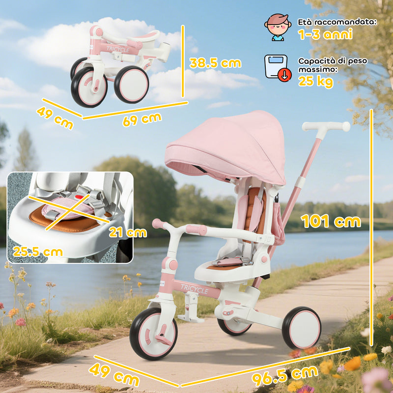 Triciclo per Bambini 5 in 1 96,5x49x101 cm con Maniglione e Cinture di Sicurezza Rosa   