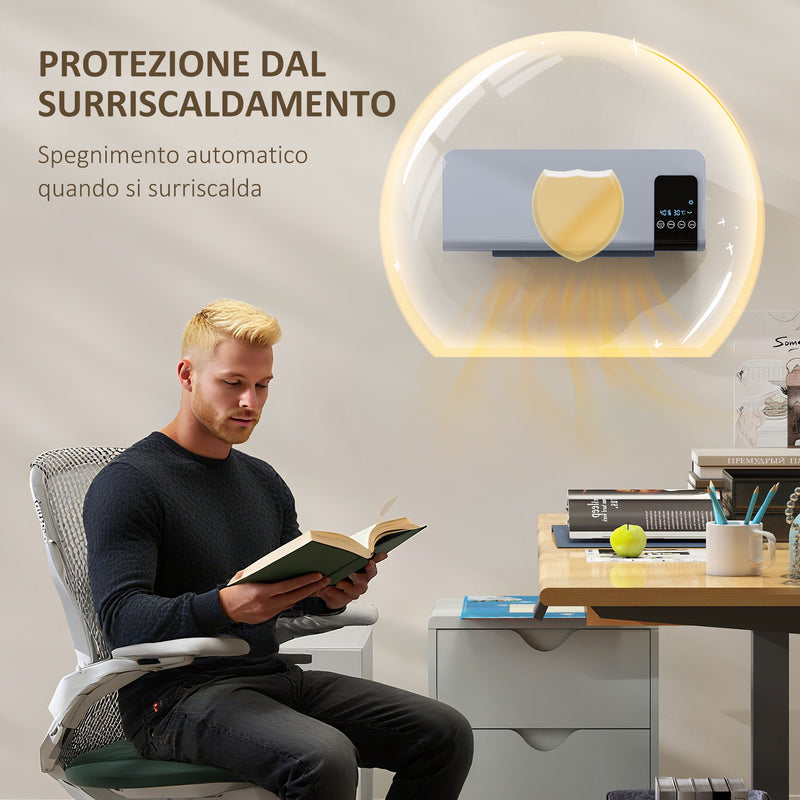 Termoventilatore da Parete Oscillante 54,5x12x21,5 cm 2 Modalità Timer 12h e Telecomando Grigio   