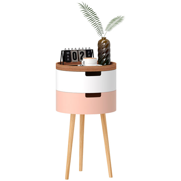 Set 2 Tavolini da Caffè con 2 Vani Contenitore e Vassoio Superiore Ø35 x 65,5 cm in MDF e Legno Bianco e Rosa acquista