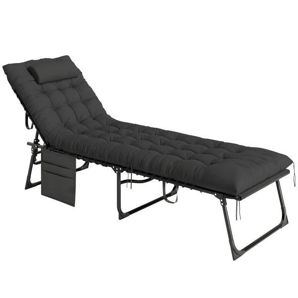sconto Lettino Prendisole 58x189x32,5 cm Pieghevole con Cuscino Poggiatesta e Tasca Laterale in Poliestere Nero