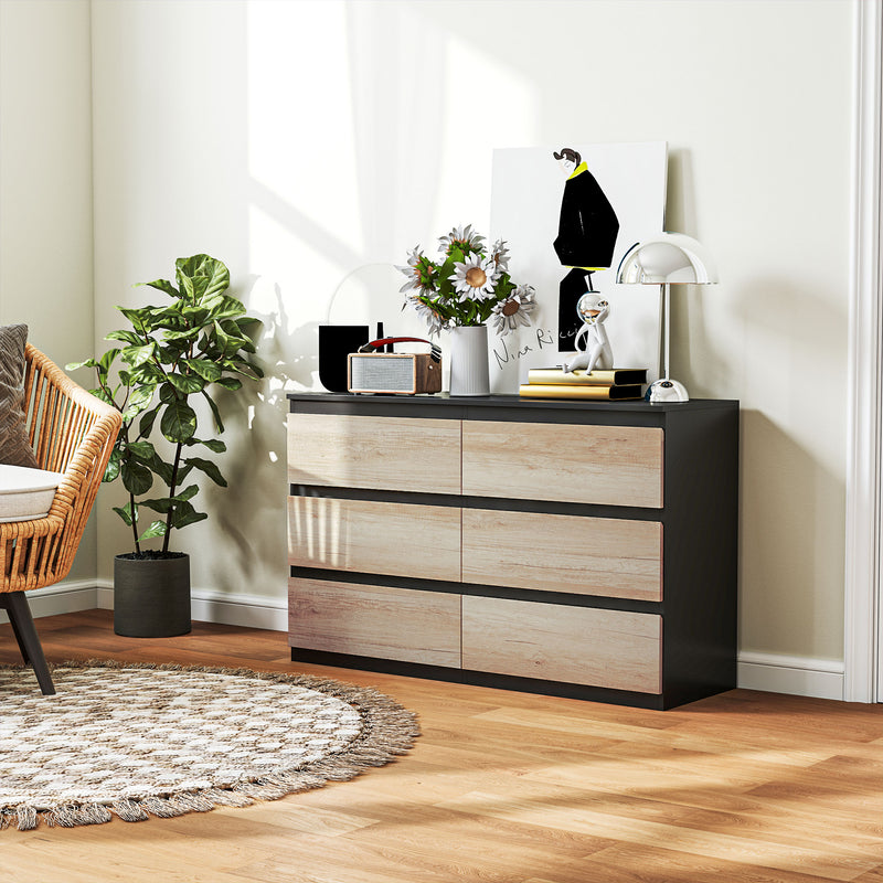 Comò Cassettiera 6 Cassetti 120x39x75 cm con Maniglie a Gola in Legno Nera e color Legno   
