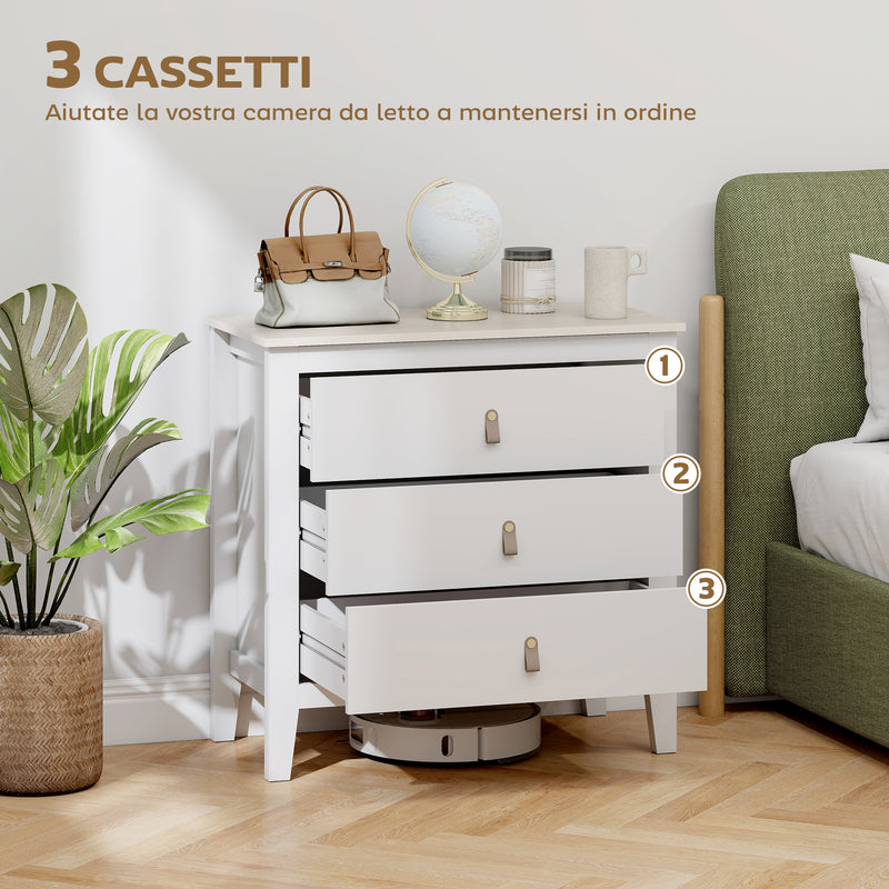 Cassettiera per Camera da Letto a 3 Cassetti 80x40x78,5 cm con Maniglie in Finta Pelle in Legno Bianco  