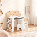 Set Tavolo per Bambini 3-8 Anni 80x41,2x74,5 cm con Sedia e Librerie Laterali Tema Orsetto in Truciolato e MDF Bianco      