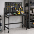 Banco da Lavoro Pieghevole Portatile 115x62x143,5 cm con Pannello Perforato Piano Spesso in Legno Struttura in Acciaio Nero      