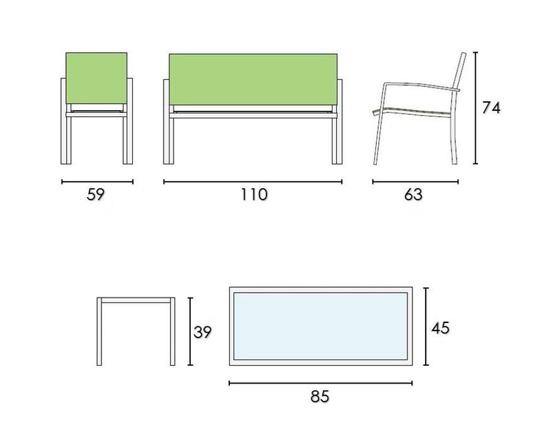 Set da Giardino Divano Poltrone e Tavolino in Metallo Vandi 