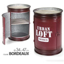 Tavolino Contenitore Bidone Tondo Struttura Metallo Bordeaux e Ripiani in Legno