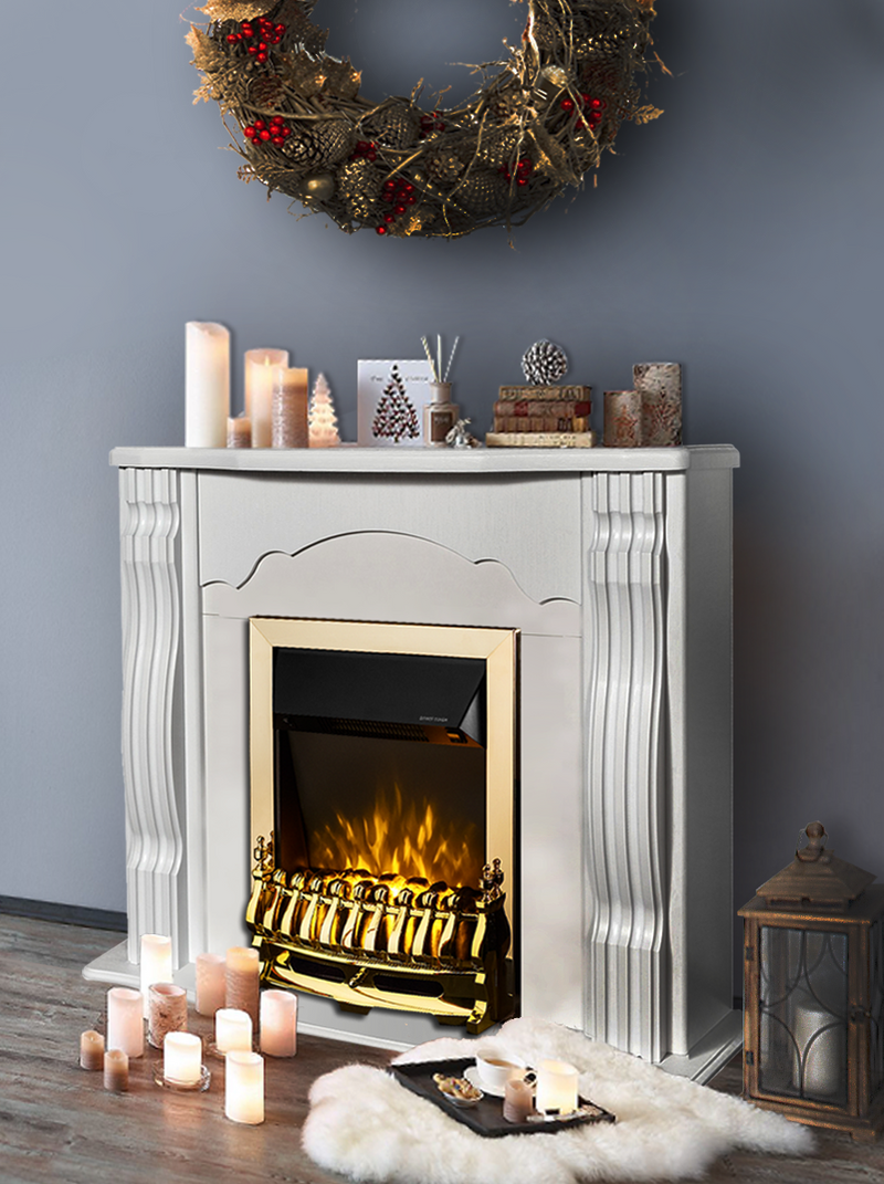 Camino Elettrico da Pavimento 88,3x95x30 cm Effetto Fiamma 2000W Classic & Galileo Gold Bianco