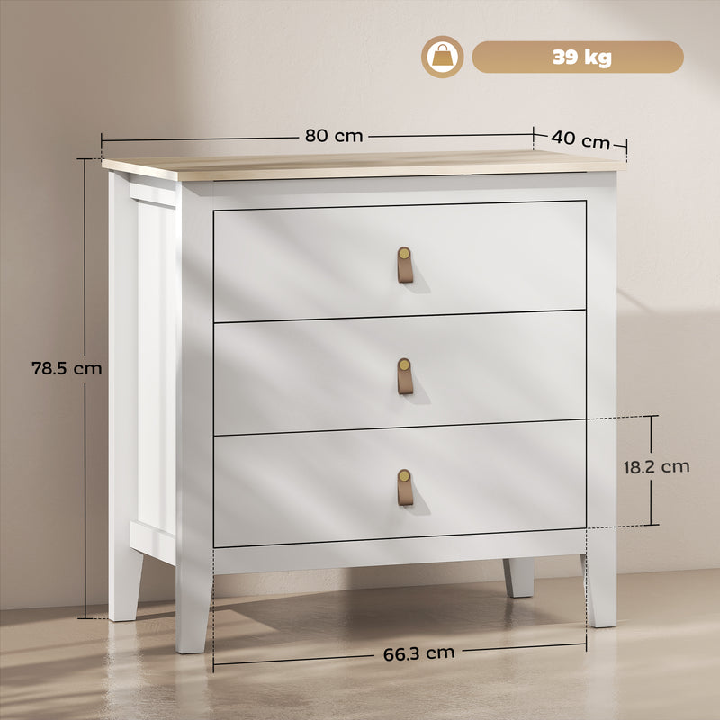 Cassettiera per Camera da Letto a 3 Cassetti 80x40x78,5 cm con Maniglie in Finta Pelle in Legno Bianco  