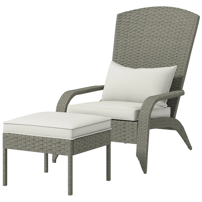Sedia da Giardino con Poggiapiedi e Cuscini Imbottiti 64x82x89 cm in Rattan e Acciaio Grigio e Crema