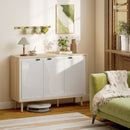 Credenza Moderna 107x35x77 cm a 3 Ante con Ripiano Regolabile Bianco Lucido e Rovere      