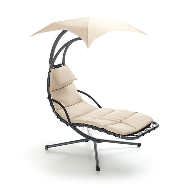 sconto Gartenschaukel-Hängematte aus Eisen und Textilene mit beigem Taddei Siesta-Sonnenschirm