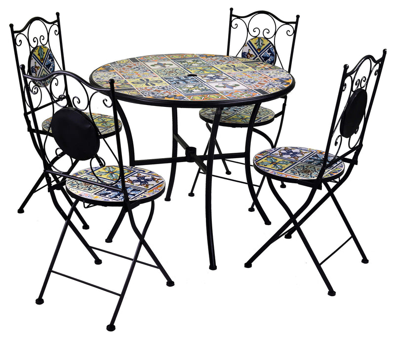 Set da Giardino Tavolo e 4 Sedie in Metallo con Mosaico Trapani Nero