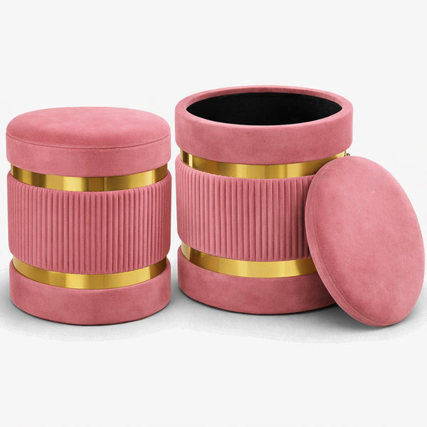 sconto Set 2 Pouf Contenitore Ø 38x44 cm e Ø 31x38 cm con Rivestimento Velluto Rosa