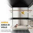Gabbia per Uccelli Grande 94x70x158 cm con Ruote Vassoio Estraibile Posatoi Tetto in Acciaio e Legno Nero      