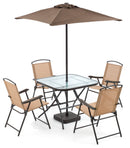 Set Tavolo con 4 Sedie Pieghevoli e Ombrellone da Giardino in Ferro Daybreak Marrone e Beige