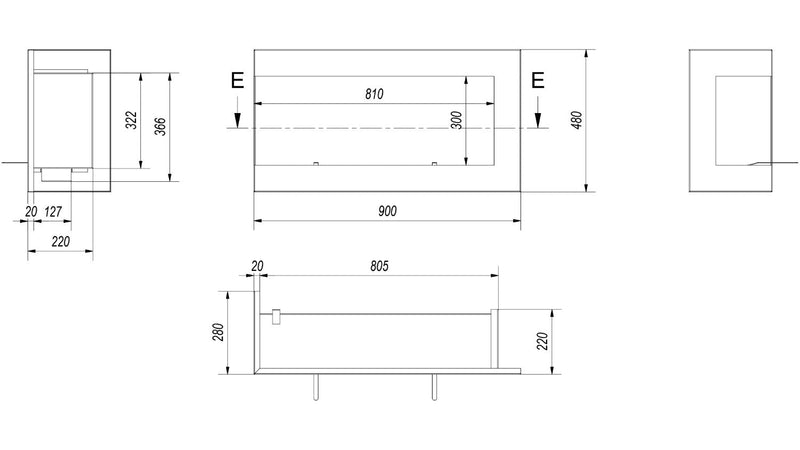 Camino a Bioetanolo da Incasso 90x48 cm Flig Tampa Nero Angolo a Sinistra