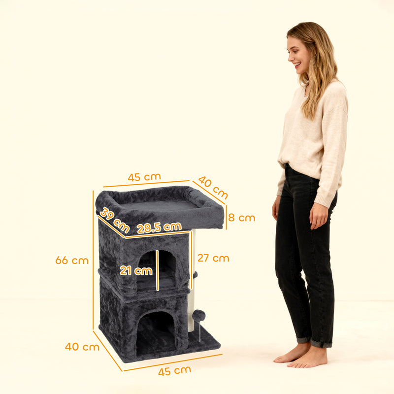 Albero Tiragraffi per Gatti Fino a 7 kg con 2 Casette e Lettino Palo in Sisal e Rivestimento Peluche Grigio Scuro      