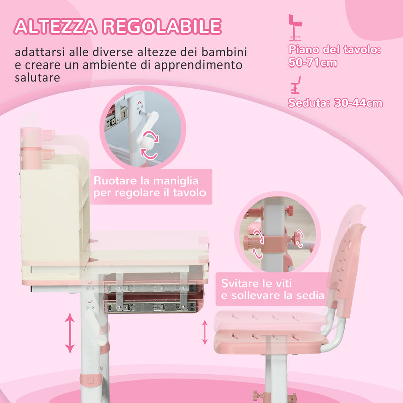 Set Scrivania e Sedia per Bambini da 3 Anni Regolabile Tavolo Inclinabile a 60° con Cassetto e Ripiani in PP e Acciaio Rosa      
