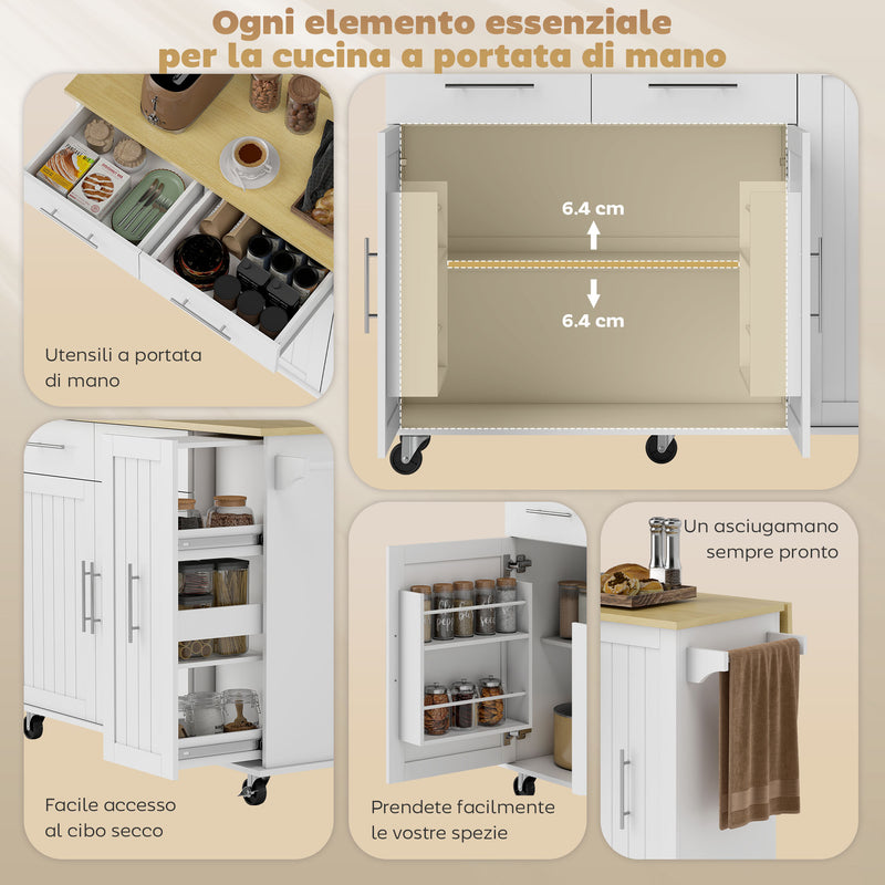 Isola per Cucina 129x65x91 cm a 5 Ruote con Portasciugamani 2 Cassetti 4 Ripiani e Armadietto in Legno Bianco      