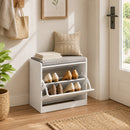 Panca Scarpiera Salvaspazio 60x30x52 cm con Seduta Imbottita e Anta a Ribalta in Pannello Truciolare Bianco      
