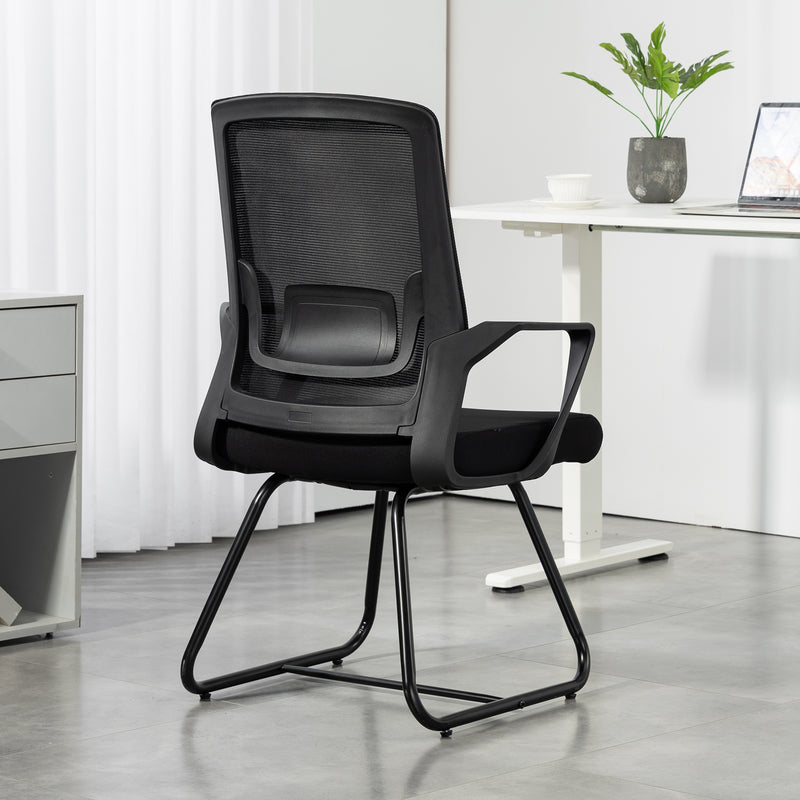 Sedia da Ufficio 57x56x97 cm Senza Ruote Ergonomica con Braccioli Struttura in Acciaio Nero      