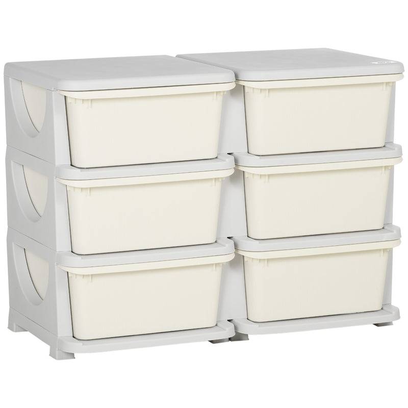 Cassettiera Portagiochi per Bambini 3-6 Anni 75x37x56.5 cm 6 Cassetti con Bordi Arrotondati in PP Bianco Crema      