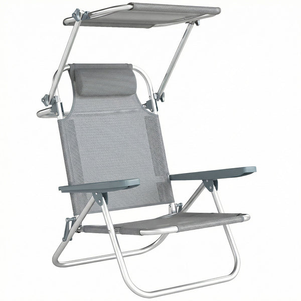 Sedia a Sdraio 62x68x79 cm Reclinabile a 6 Livelli con Tettuccio e Poggiatesta, in Alluminio e Rete Grigio acquista
