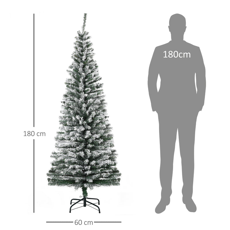 Albero di Natale Innevato Slim 180 cm 492 Rami Effetto Neve in PP e Acciaio Inox Verde  