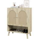 Mobile Multiuso in Stile Boho 80x38x100 cm con Ante in Rattan e Ripiano Aperto Rovere