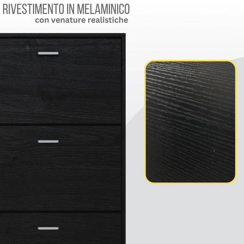 Scarpiera Salvaspazio 3 Ante a Ribalta 63x24x115 cm in Melaminico Venato a Rilievo Nero