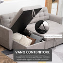 Divano Letto 3 Posti con Chaise Longue Contenitore 217x134x85 cm in Tessuto Effetto Lino Grigio