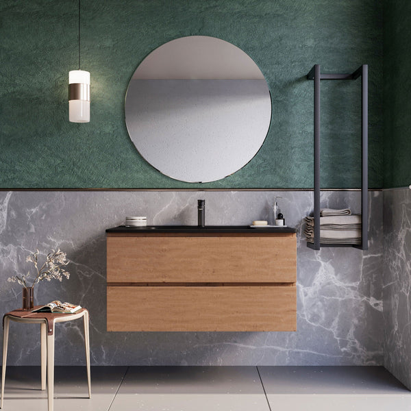 prezzo Mobile bagno sospeso 80 cm Rovere Cartagena lavabo nero opaco Seattle con Specchio Led Retroilluminato Bonussi