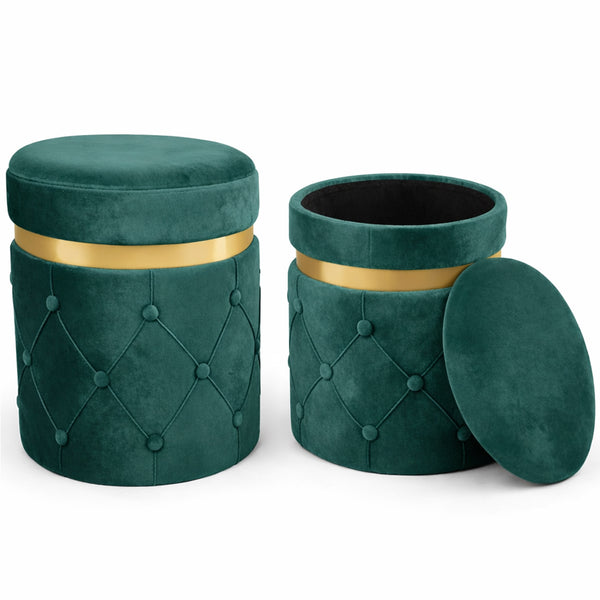 Set 2 Pouf Contenitori 38x44 cm e 31x38 cm con Design Trapuntato in Velluto Verde acquista