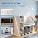 Scaffale Portagiochi per Bambini 3-8 Anni 137x40x80 cm con Libreria a 3 Livelli e Panca con Cuscino in MDF e Tessuto Bianco      