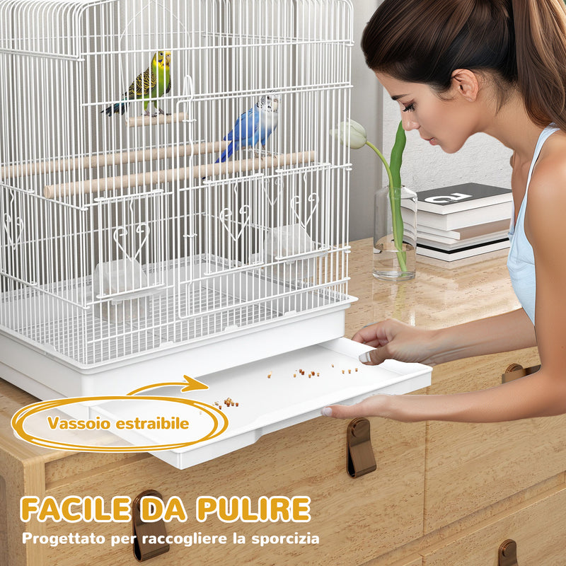 Gabbia per Uccelli Portatile con Maniglia Vassoio Estraibile 5 Porte Posatoi e Altalena Bianco      