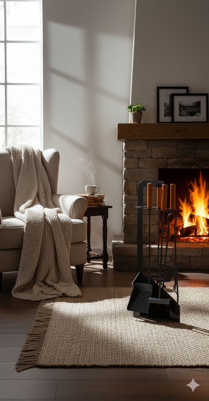 Trespolo per Attrezzi Camino Sagoma Sciatore con Paletta Scopino Attizzino e Pinza 15,6x23,5x65 cm in Ferro e Legno Grigio Martellato