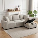 Divano Angolare 3 Posti 235x80x85 cm con Contenitore Poggiapiedi Rimovibile e 2 Cuscini in Tessuto Effetto Lino Beige      
