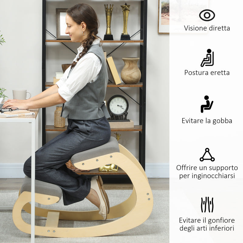 Sedia Ergonomica con Inginocchiatoio 55x85x55 cm Reclinabile in Tessuto Effetto Lino e Legno Grigio Chiaro 