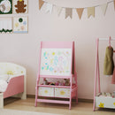Lavagna per Bambini 3 in 1 54x46x94 cm con Cavalletto Rotolo di Carta e 2 Cestelli in Legno Rosa  
