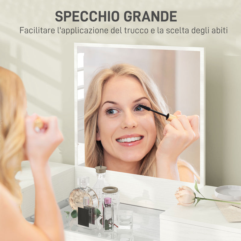 Consolle Trucco con Cassetti Specchio e Sgabello con Vano Contenitore in Truciolato Bianco    