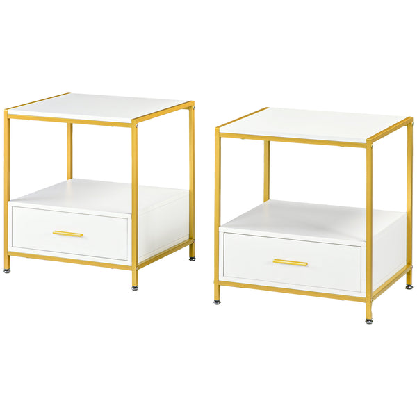 Set 2 Comodini 2 Cassetti 50x40x55 cm in Acciaio e Legno Truciolare Bianco e Oro prezzo