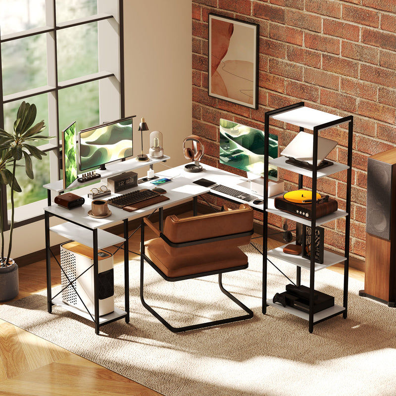 Scrivania Angolare 137x140x139,5 cm Supporto per Monitor Presa Elettrica e USB Bianco e Nero   