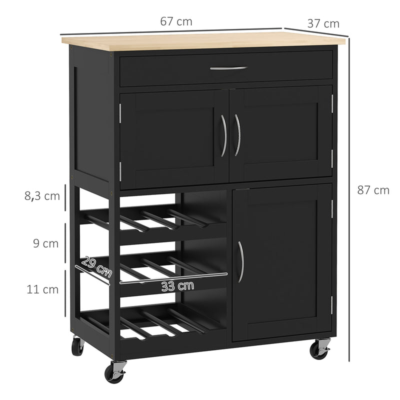 Carrello da Cucina con Portabottiglie Integrato 67x37x87 cm in Legno Nero e Rovere  