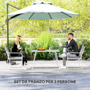 Set da Esterno 3 Pezzi Tavolo con Piano in Vetro e 2 Sedie con Cuscini Bianco   