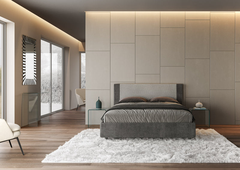 Letto Matrimoniale con Testata e Alzata Comoda Imbottito in Tessuto Labirinto Rosal Grigio Varie Misure