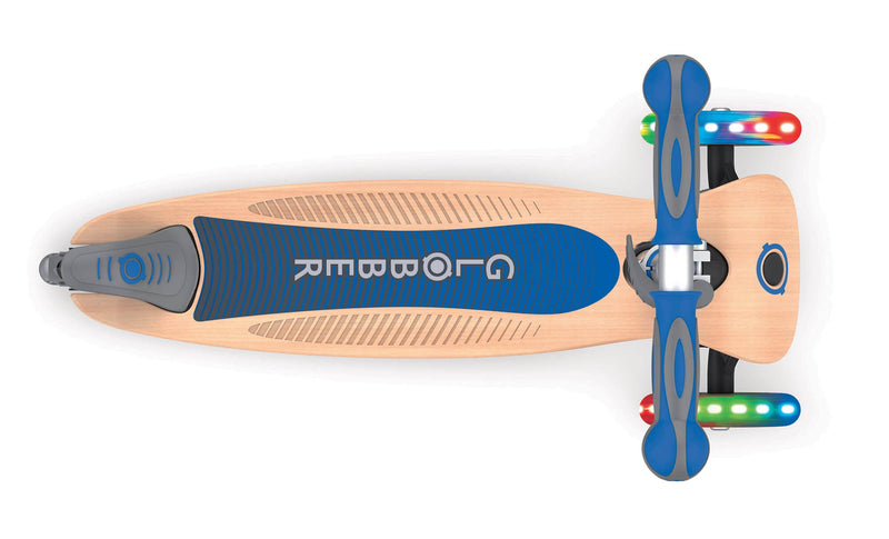Monopattino 3 Ruote a LED Pieghevole 3 Altezze Max 50 Kg Globber Primo Foldable Wood Blu