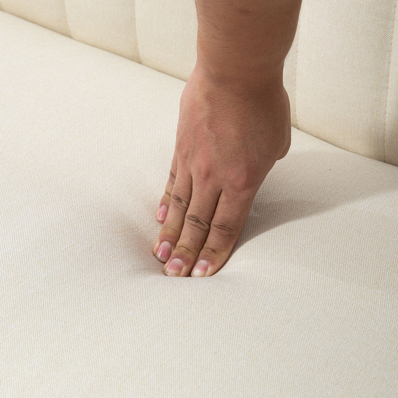 Divano 2 Posti Design Moderno 117x56.5x77 cm Tessuto Effetto Lino e Legno di Caucciù Crema   