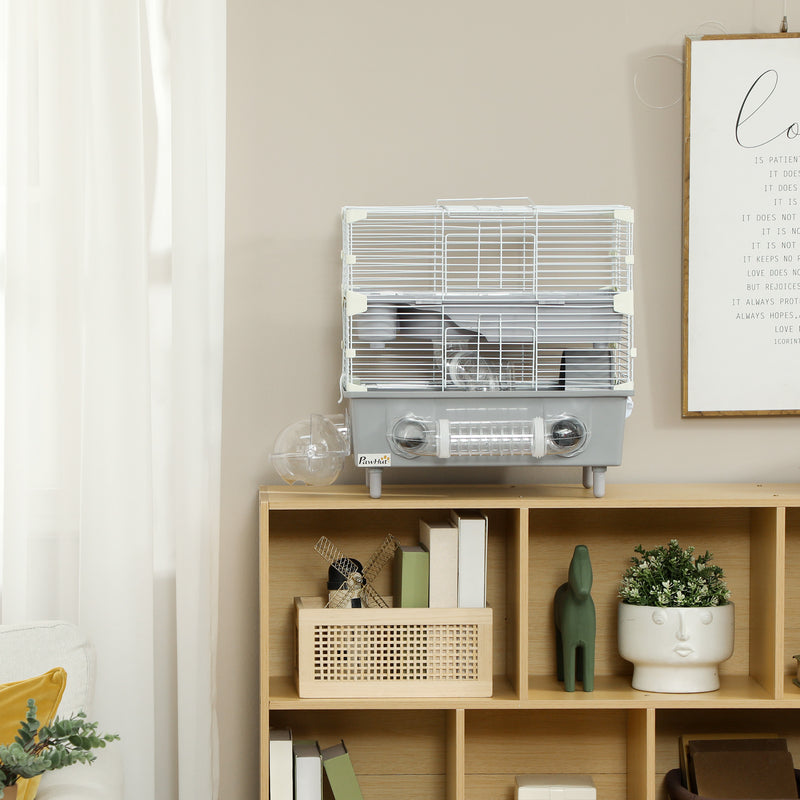 Gabbia per Criceti a 2 Livelli 44,5x28x44 cm 3 Porte Ruota e Tubi in Acciaio Grigio e Bianco  