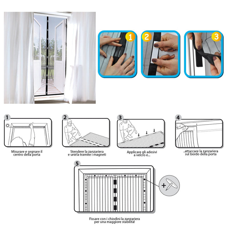 Tenda Zanzariera Magnetica 18 Magneti 100x220 cm per Porte e Finestre Nera