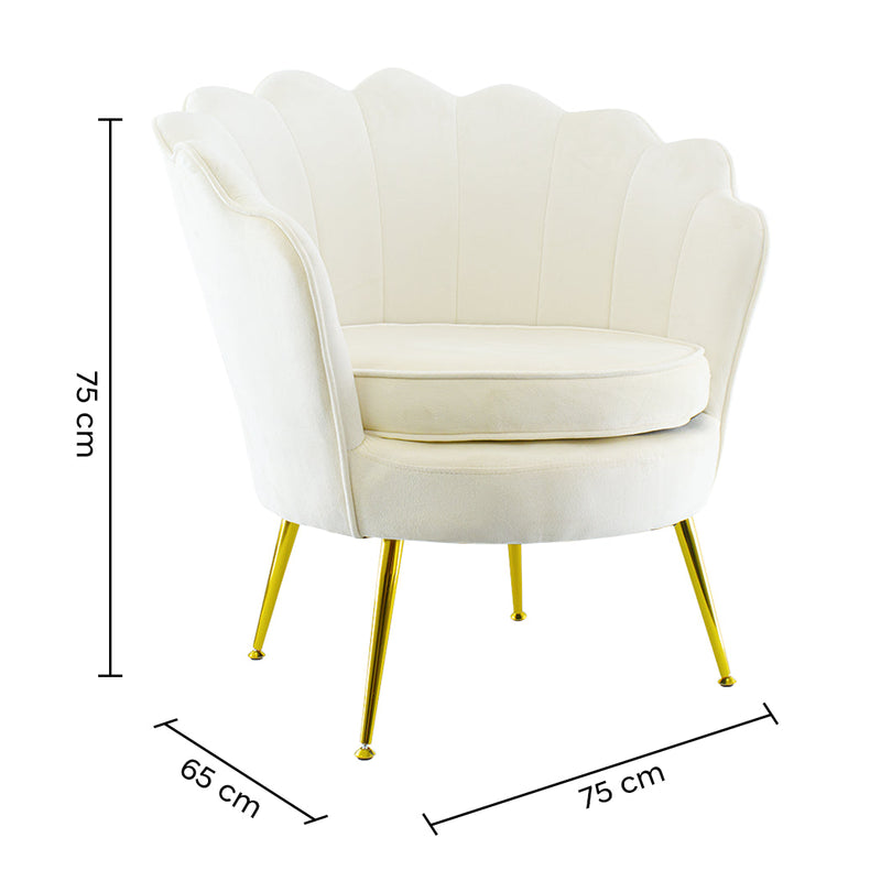 Poltrona Imbottita Schienale a Conchiglia in Velluto Piedi Oro Beige